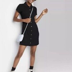 Wild Fae Black Ribbed Button-Up Collared Dress